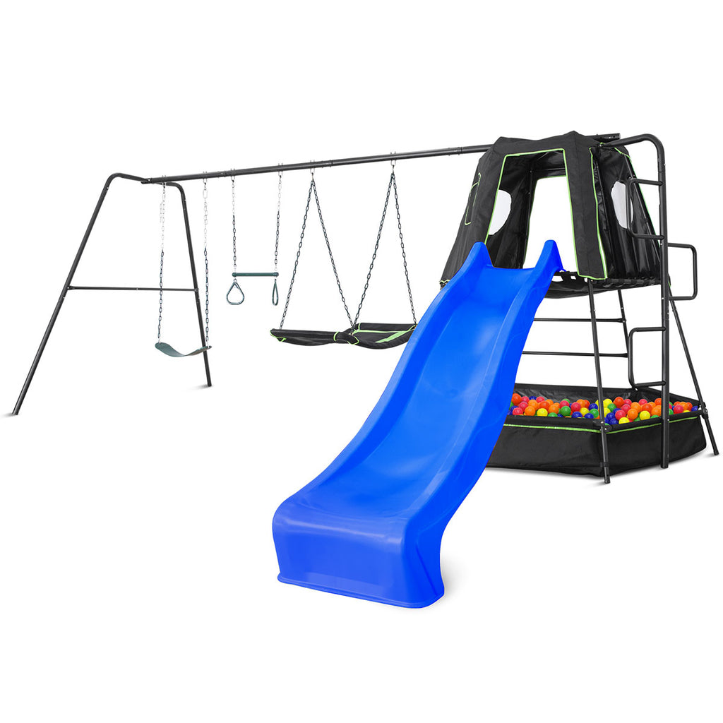 Pallas Play Tower with Metal Swing Set (Blue Slide)