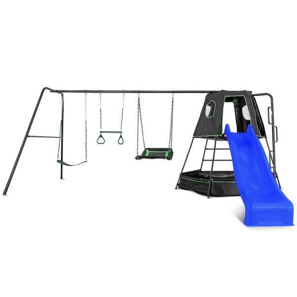 Pallas Play Tower with Metal Swing Set (Blue Slide)