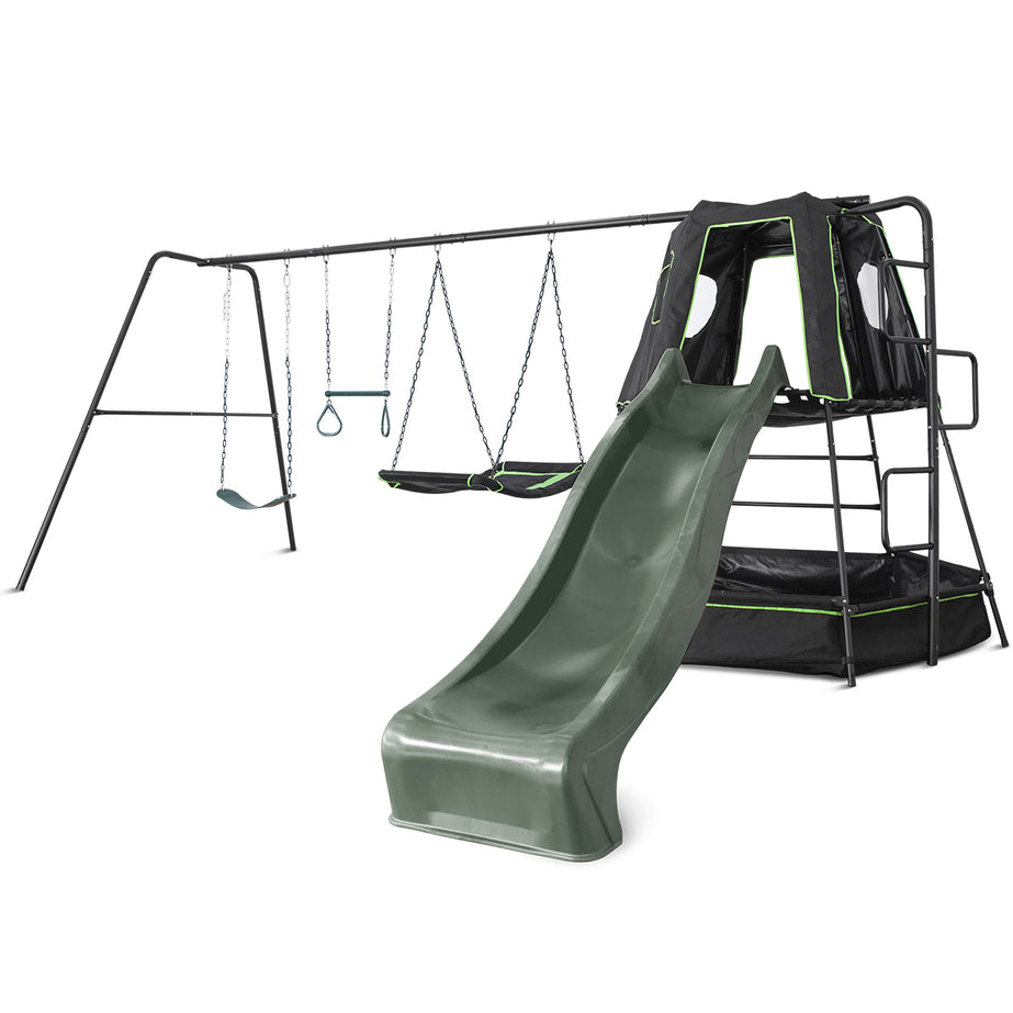 Pallas Play Tower with Metal Swing Set (Green Slide)