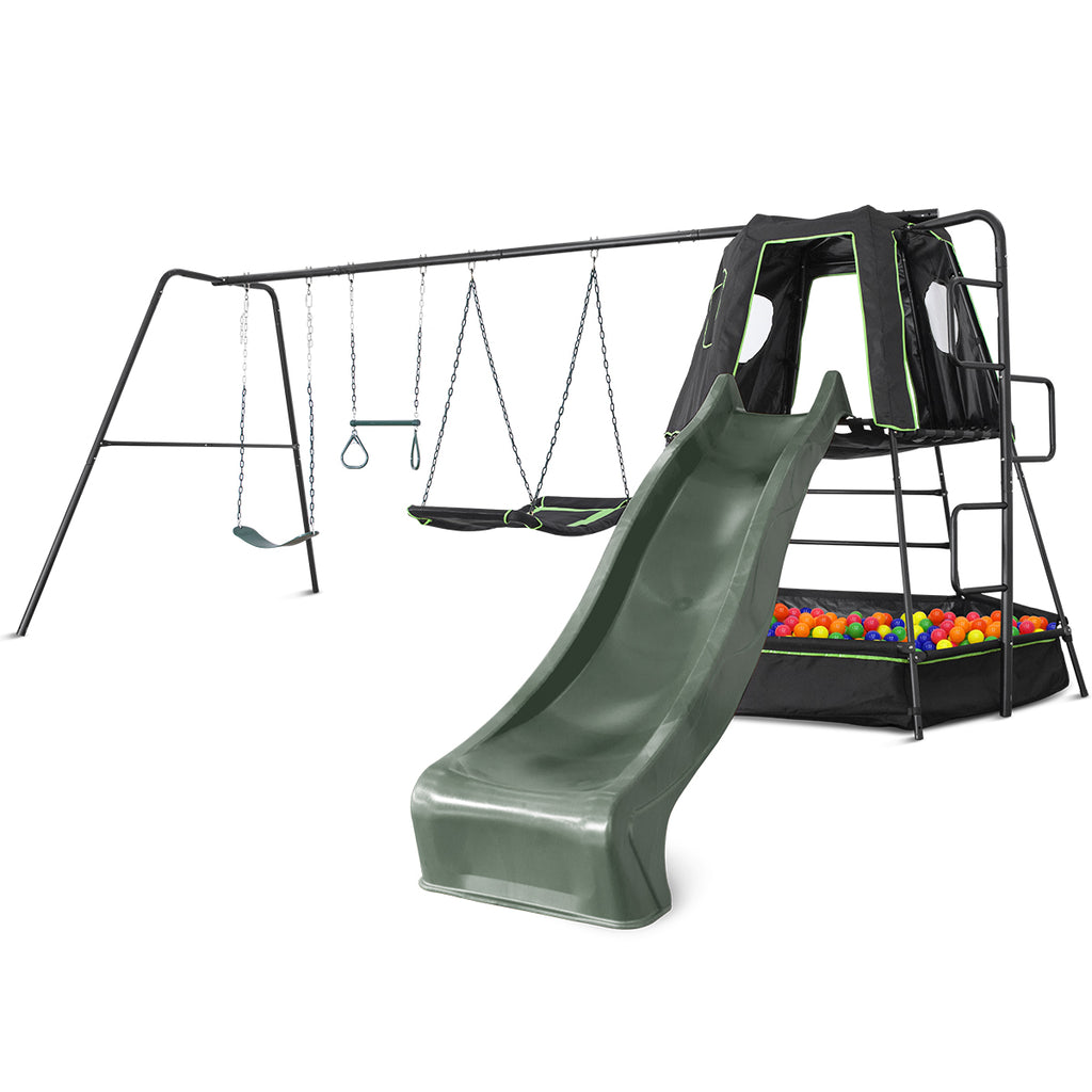 Pallas Play Tower with Metal Swing Set (Green Slide)