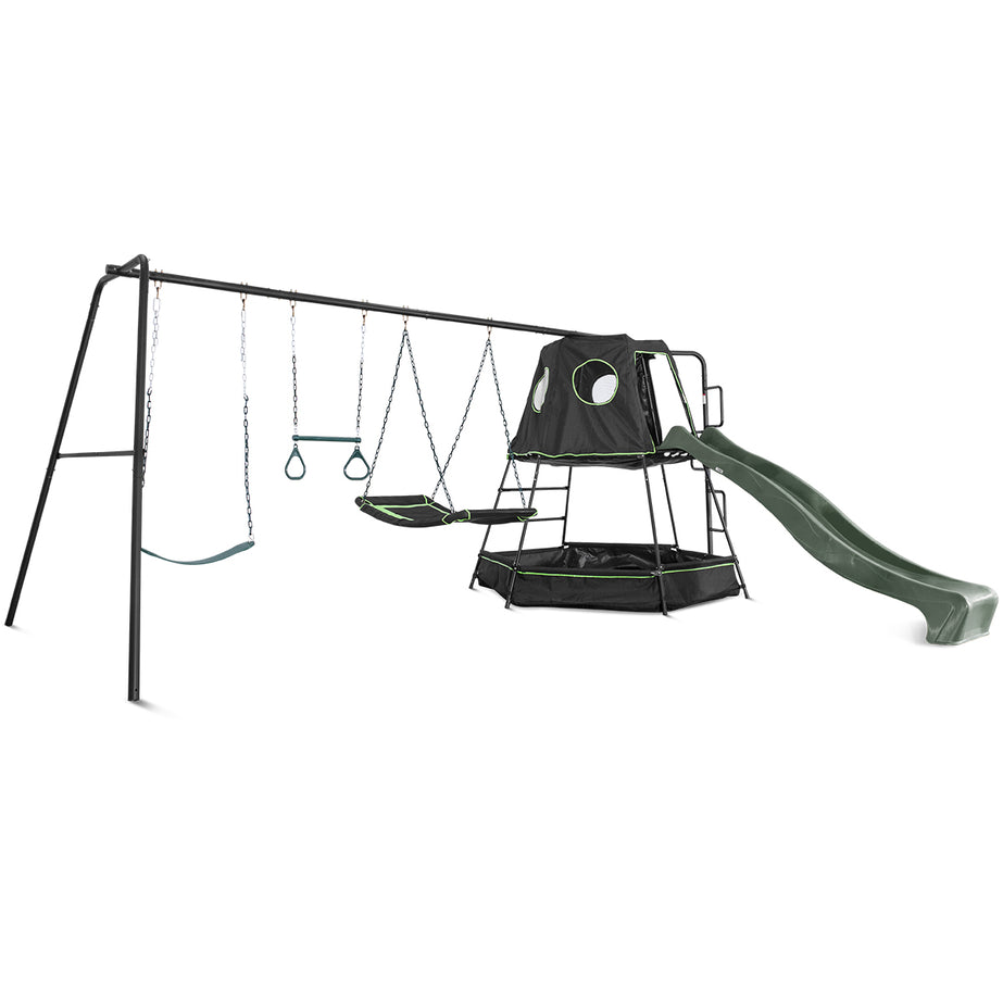 Pallas Play Tower with Metal Swing Set (Green Slide)