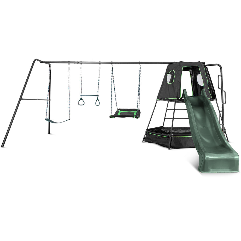 Pallas Play Tower with Metal Swing Set (Green Slide)