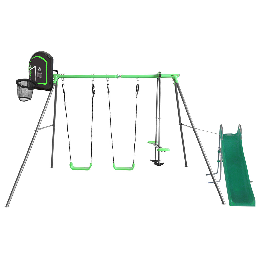 Hurley 2 Metal Swing Set with Slippery Slide & Hoop